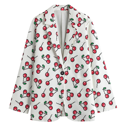 Pixel Cherry Pattern Print Women's Cotton Blazer