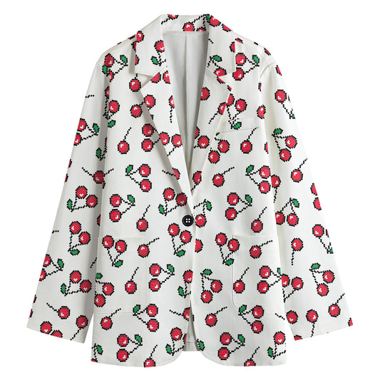Pixel Cherry Pattern Print Women's Cotton Blazer