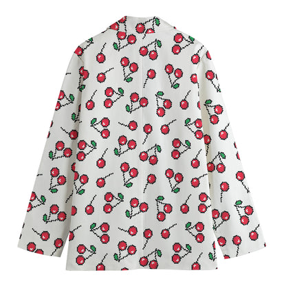 Pixel Cherry Pattern Print Women's Cotton Blazer