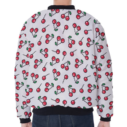 Pixel Cherry Pattern Print Zip Sleeve Bomber Jacket