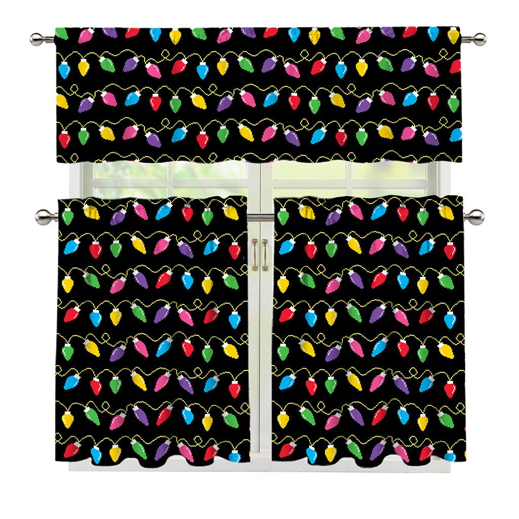Pixel Christmas Lights Print 3 Piece Kitchen Curtains