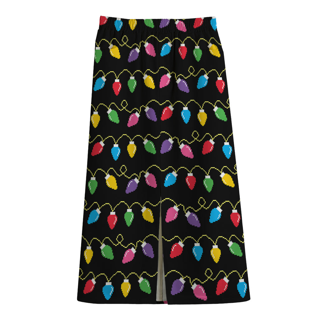 Pixel Christmas Lights Print Cotton Front Slit Maxi Skirt