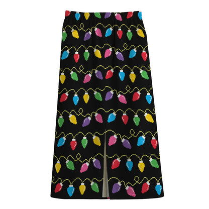 Pixel Christmas Lights Print Cotton Front Slit Maxi Skirt