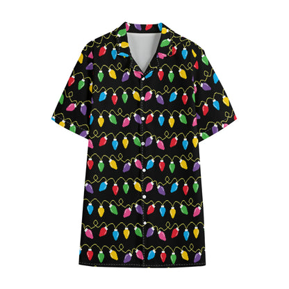 Pixel Christmas Lights Print Cotton Hawaiian Shirt
