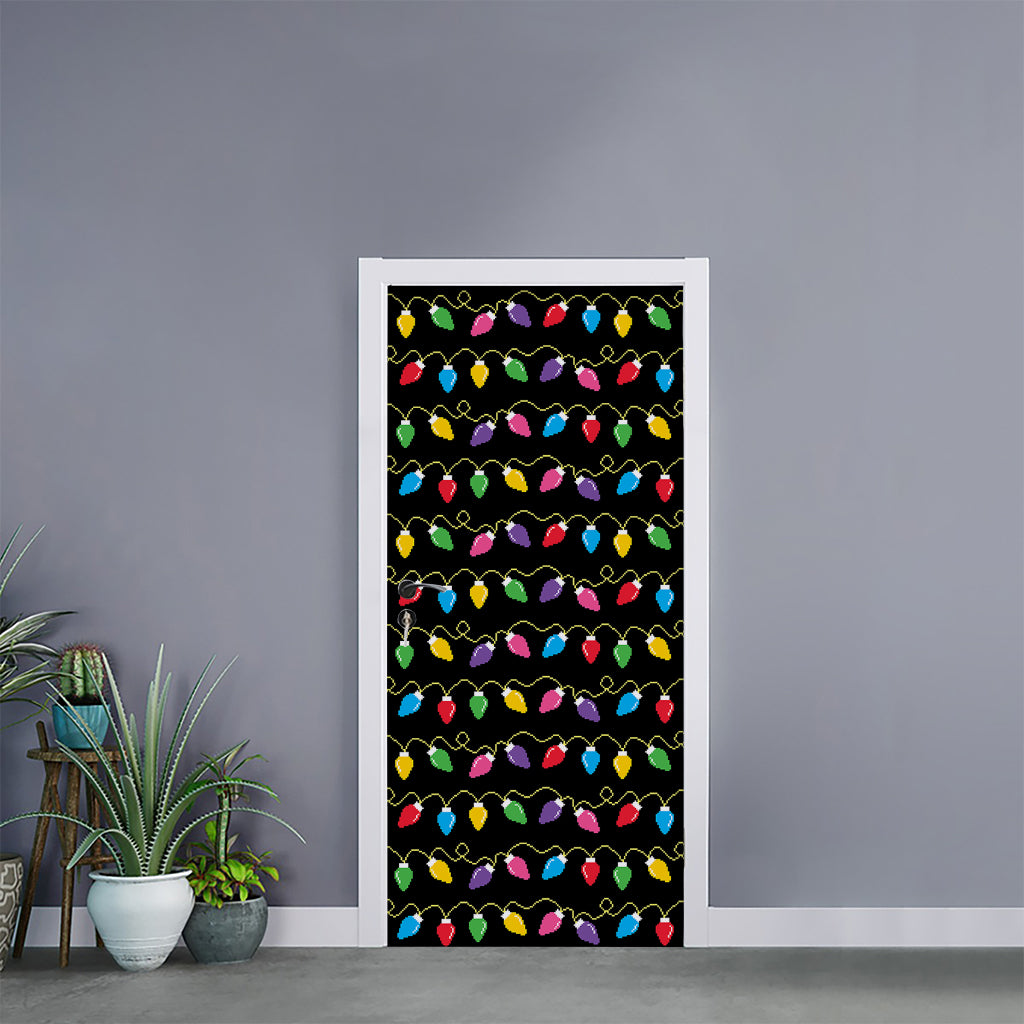 Pixel Christmas Lights Print Door Sticker