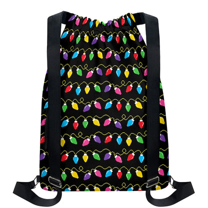 Pixel Christmas Lights Print Drawstring Backpack