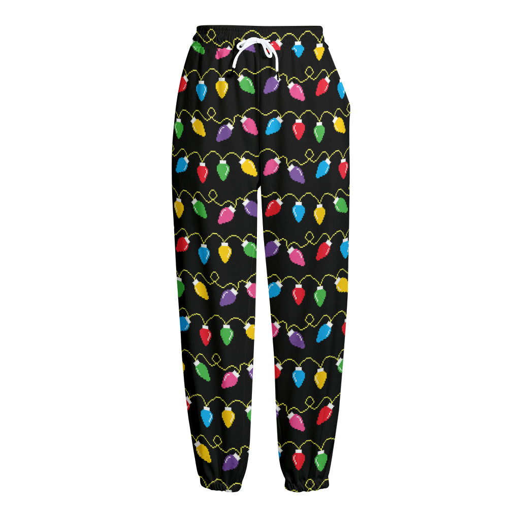 Pixel Christmas Lights Print Fleece Lined Knit Pants