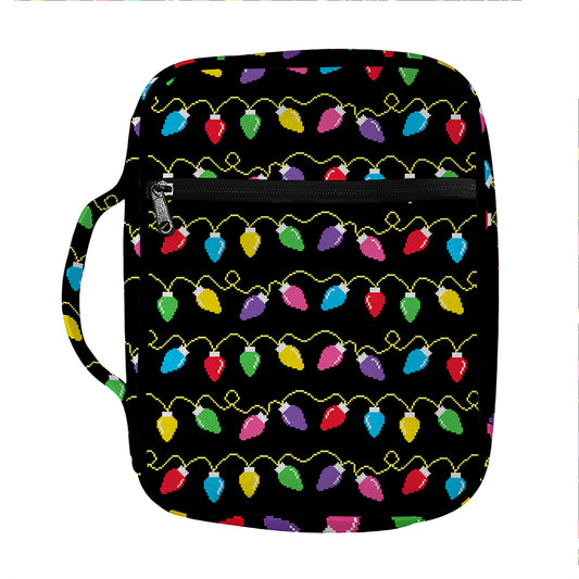 Pixel Christmas Lights Print Front Pocket Bible Bag
