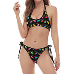 Pixel Christmas Lights Print Halter Scoop Tie Side Bikini