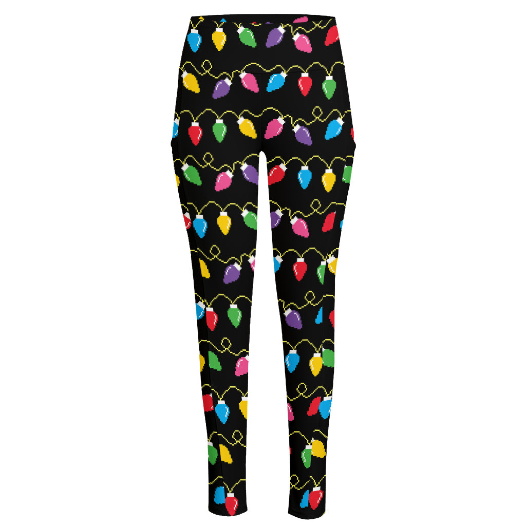 Pixel Christmas Lights Print High-Waisted Pocket Leggings