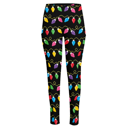 Pixel Christmas Lights Print High-Waisted Pocket Leggings