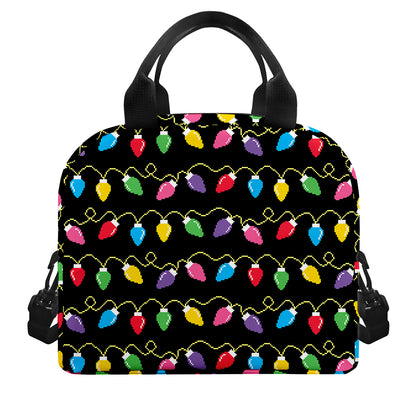 Pixel Christmas Lights Print Insulated Lunch Bag