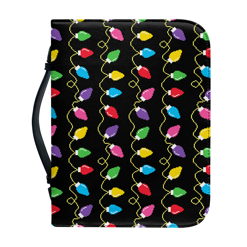 Pixel Christmas Lights Print Leather Bible Cover