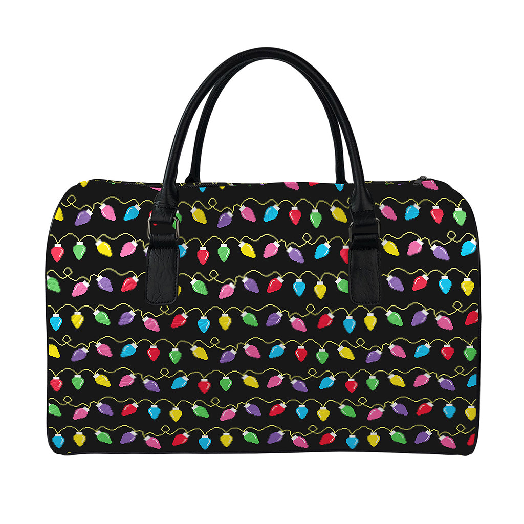 Pixel Christmas Lights Print Leather Duffle Bag