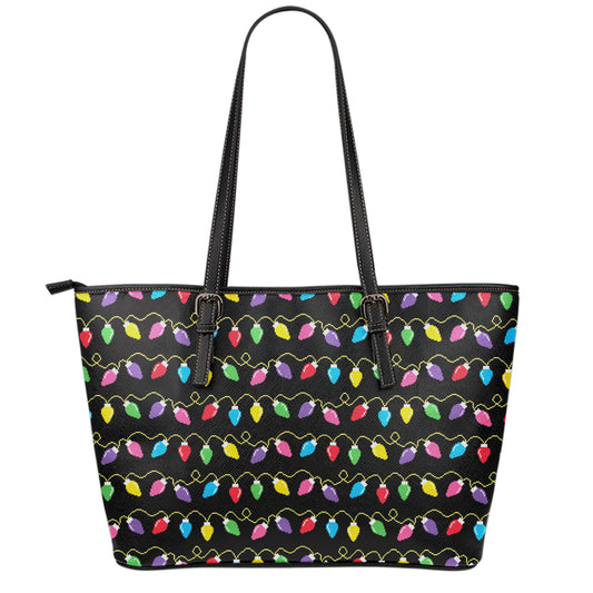 Pixel Christmas Lights Print Leather Tote Bag