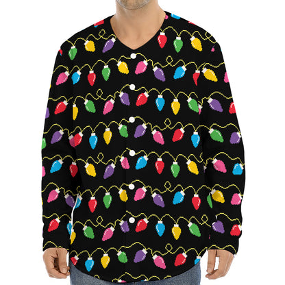 Pixel Christmas Lights Print Long Sleeve Baseball Jersey