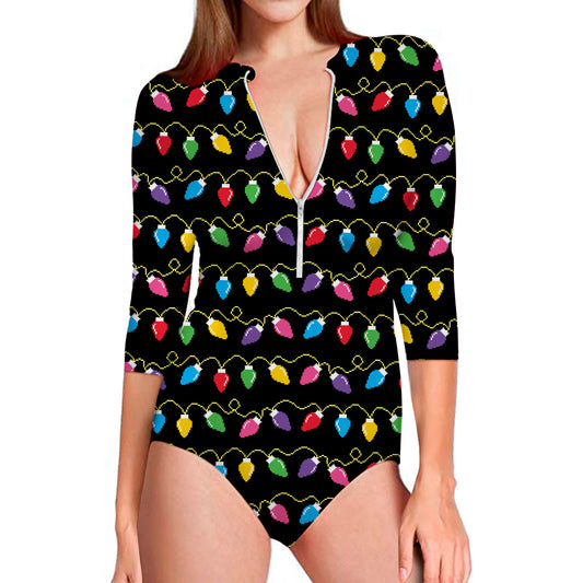 Pixel Christmas Lights Print Long Sleeve Swimsuit