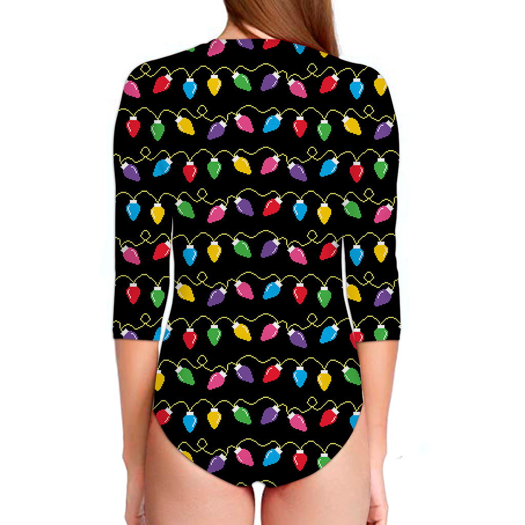 Pixel Christmas Lights Print Long Sleeve Swimsuit