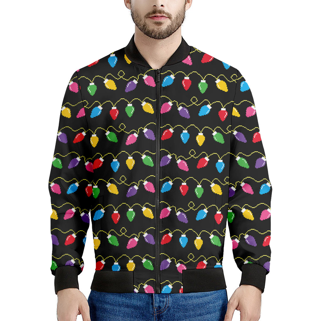 Pixel Christmas Lights Print Men's Bomber Jacket