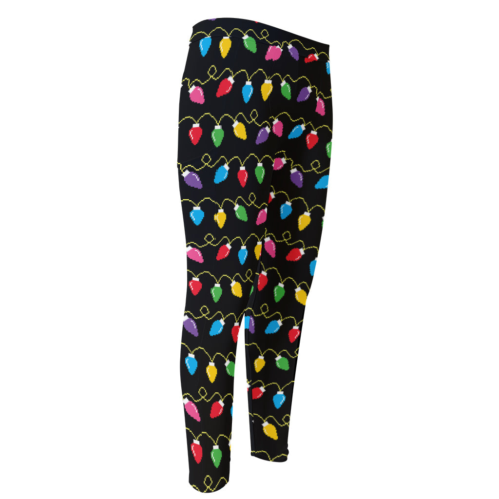 Pixel Christmas Lights Print Men's Compression Pants