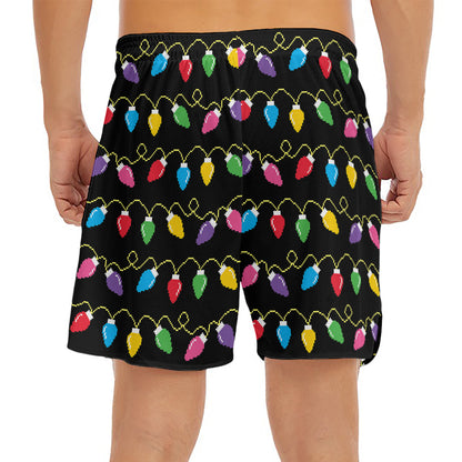 Pixel Christmas Lights Print Men's Split Running Shorts