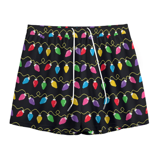 Pixel Christmas Lights Print Mesh Shorts