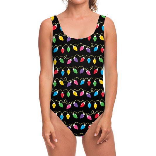 Pixel Christmas Lights Print One Piece Swimsuit