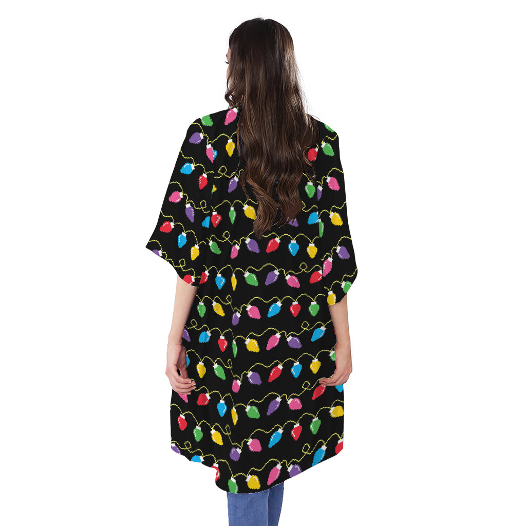 Pixel Christmas Lights Print Open Front Beach Cover Up