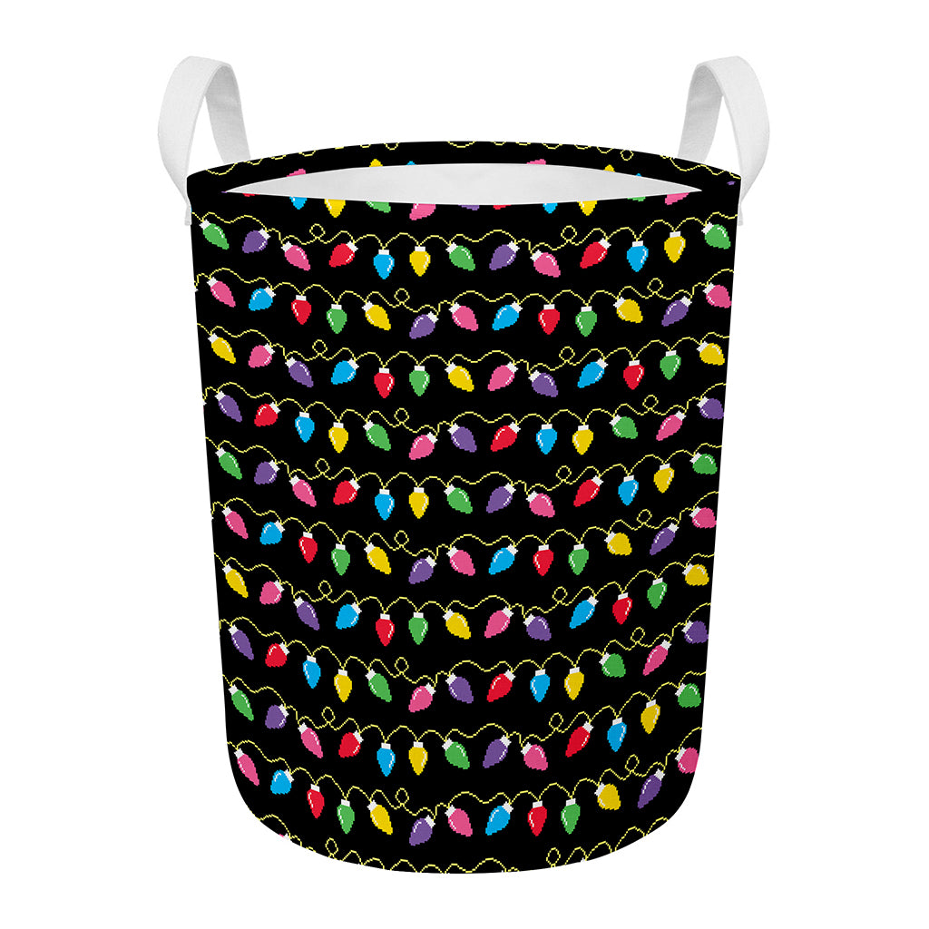 Pixel Christmas Lights Print Round Laundry Basket