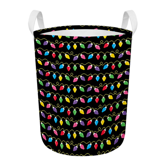 Pixel Christmas Lights Print Round Laundry Basket