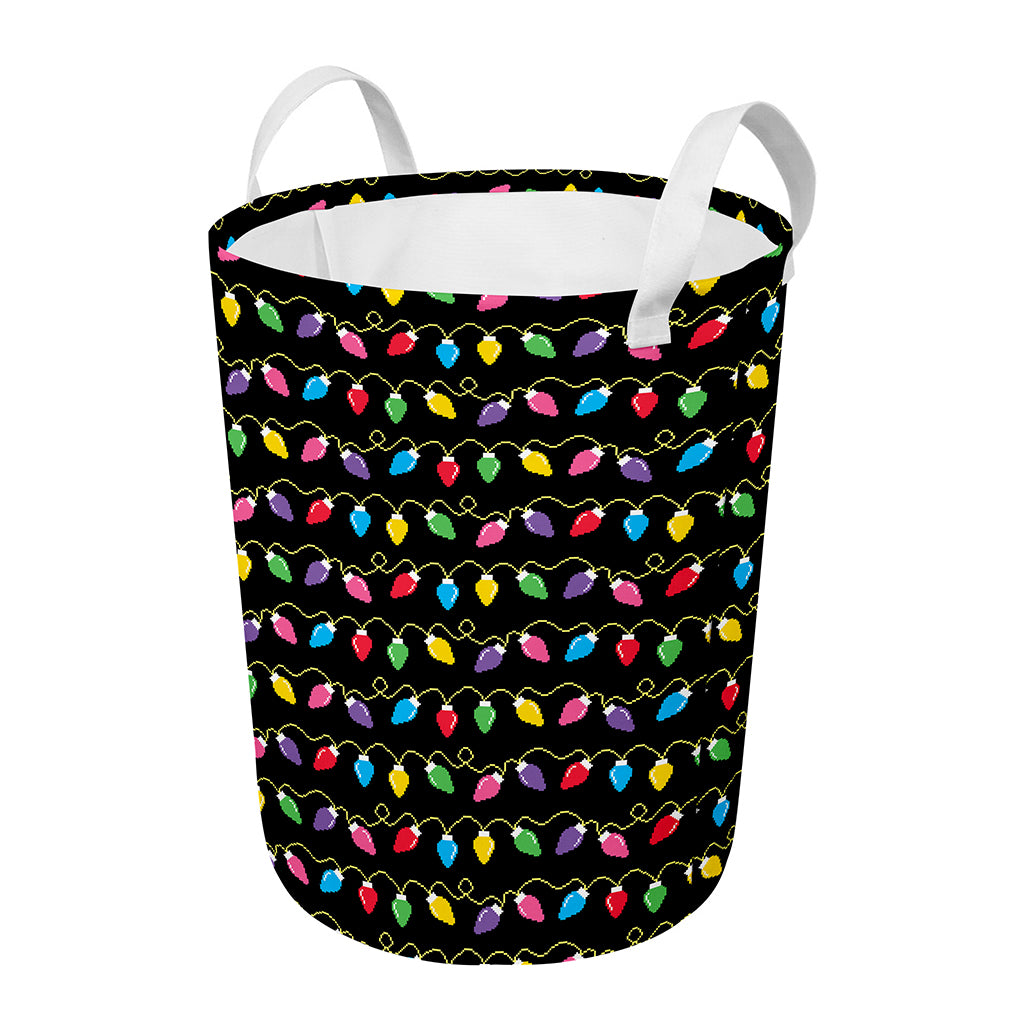 Pixel Christmas Lights Print Round Laundry Basket