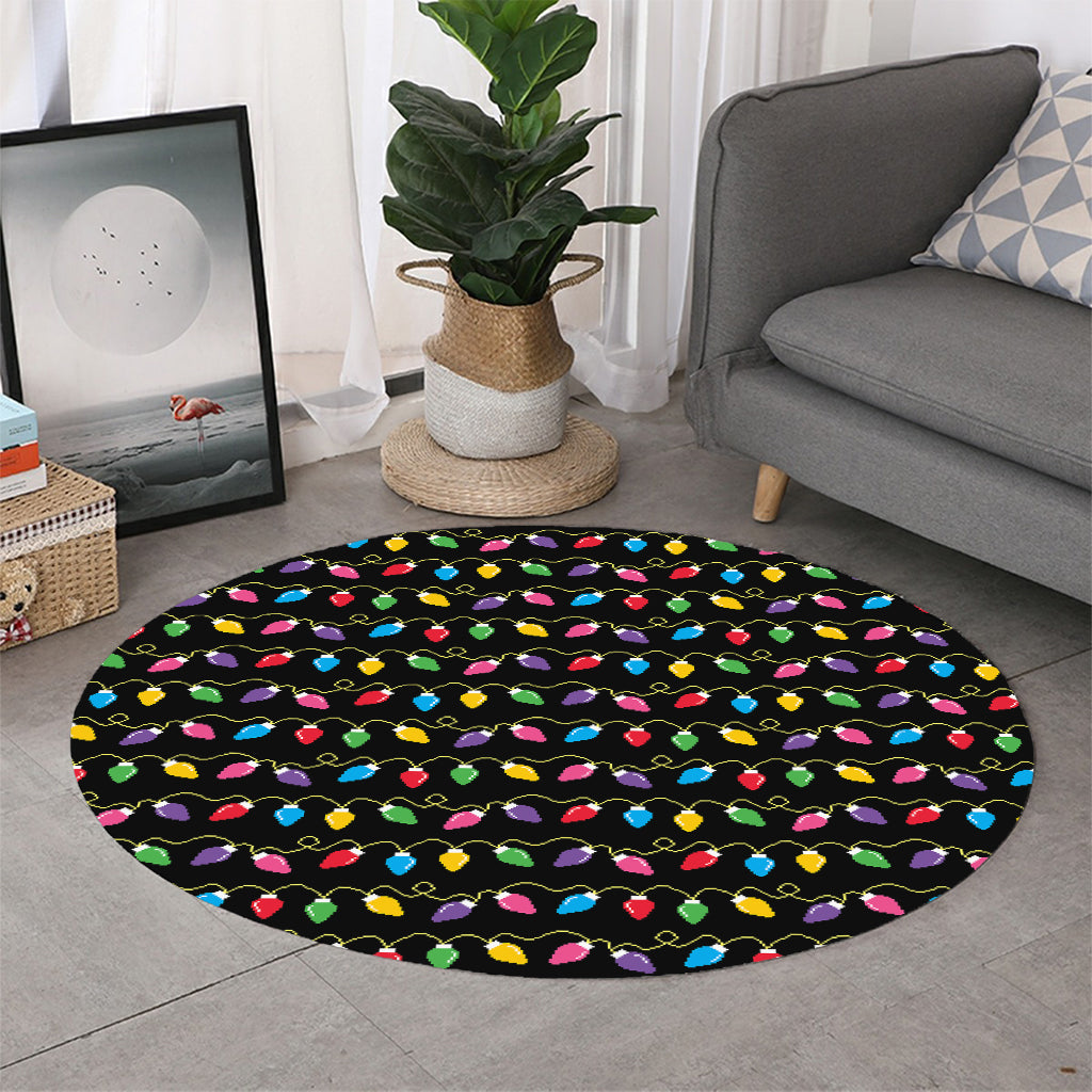 Pixel Christmas Lights Print Round Rug
