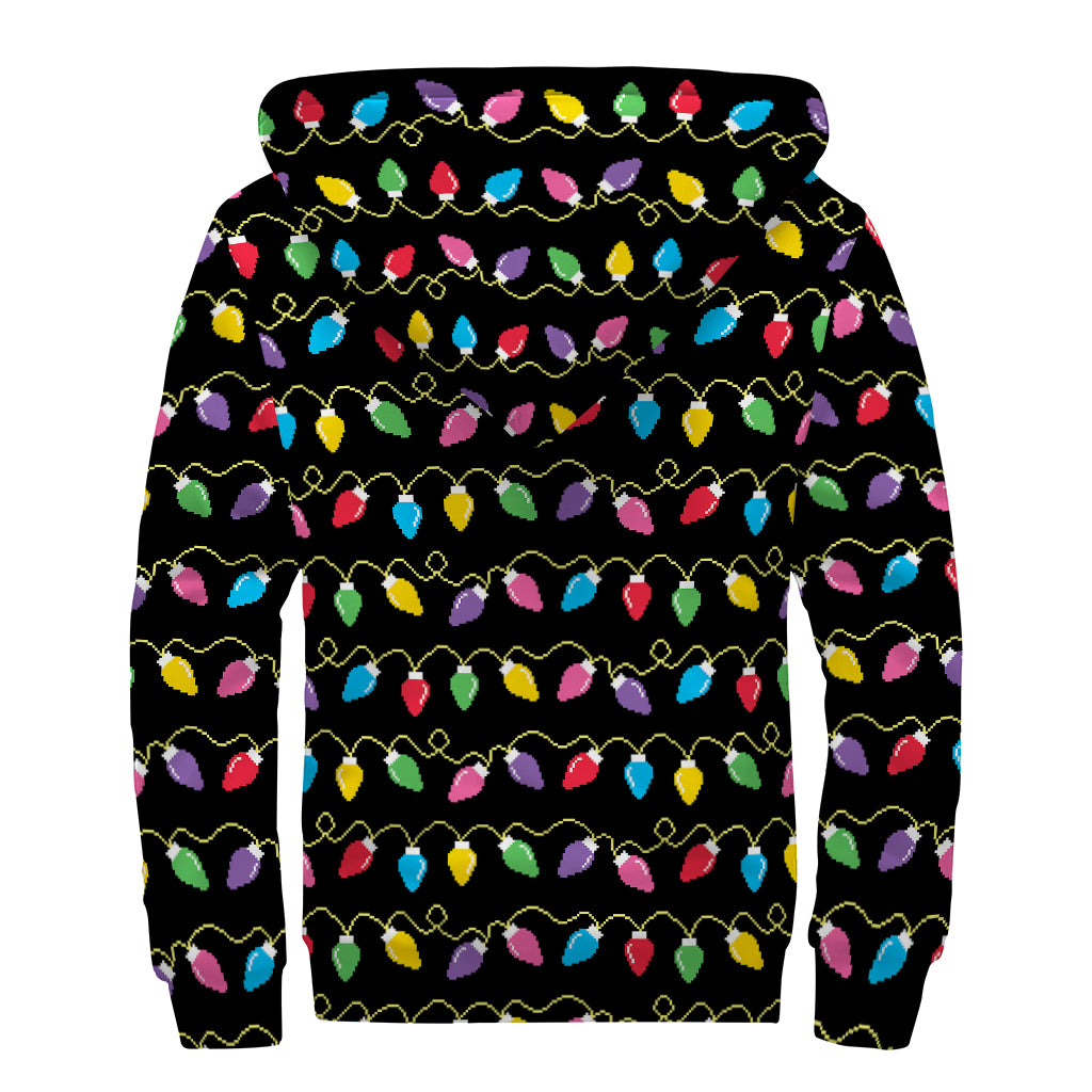 Pixel Christmas Lights Print Sherpa Lined Zip Up Hoodie