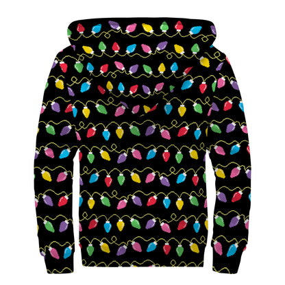 Pixel Christmas Lights Print Sherpa Lined Zip Up Hoodie