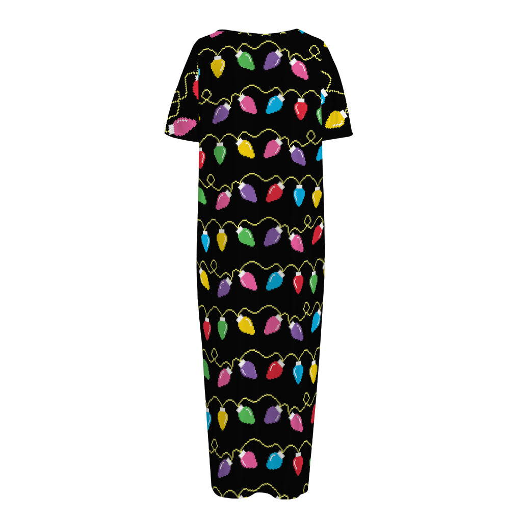 Pixel Christmas Lights Print Short Sleeve Long Nightdress