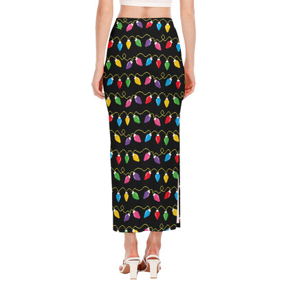 Pixel Christmas Lights Print Side Slit Maxi Skirt