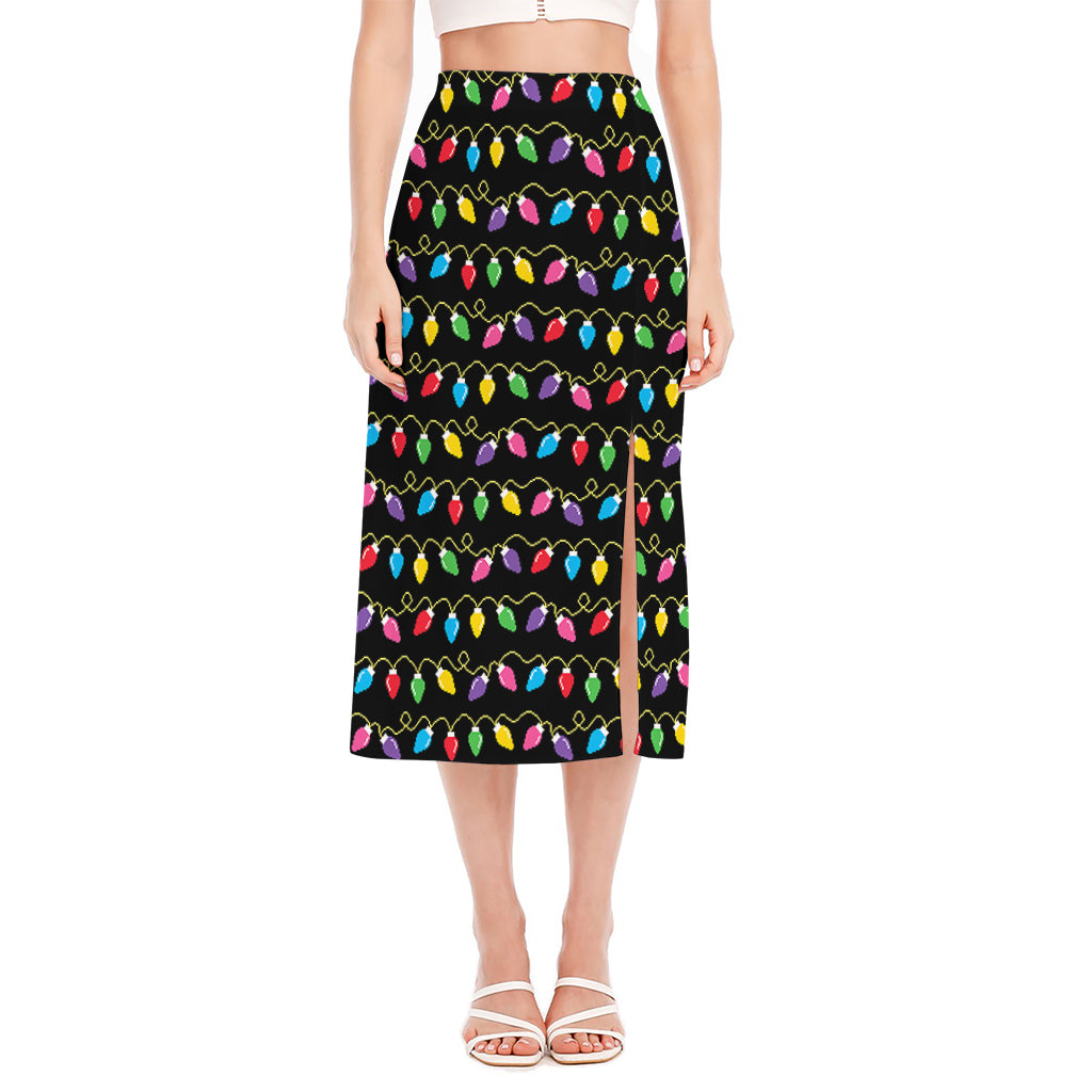 Pixel Christmas Lights Print Side Slit Midi Skirt