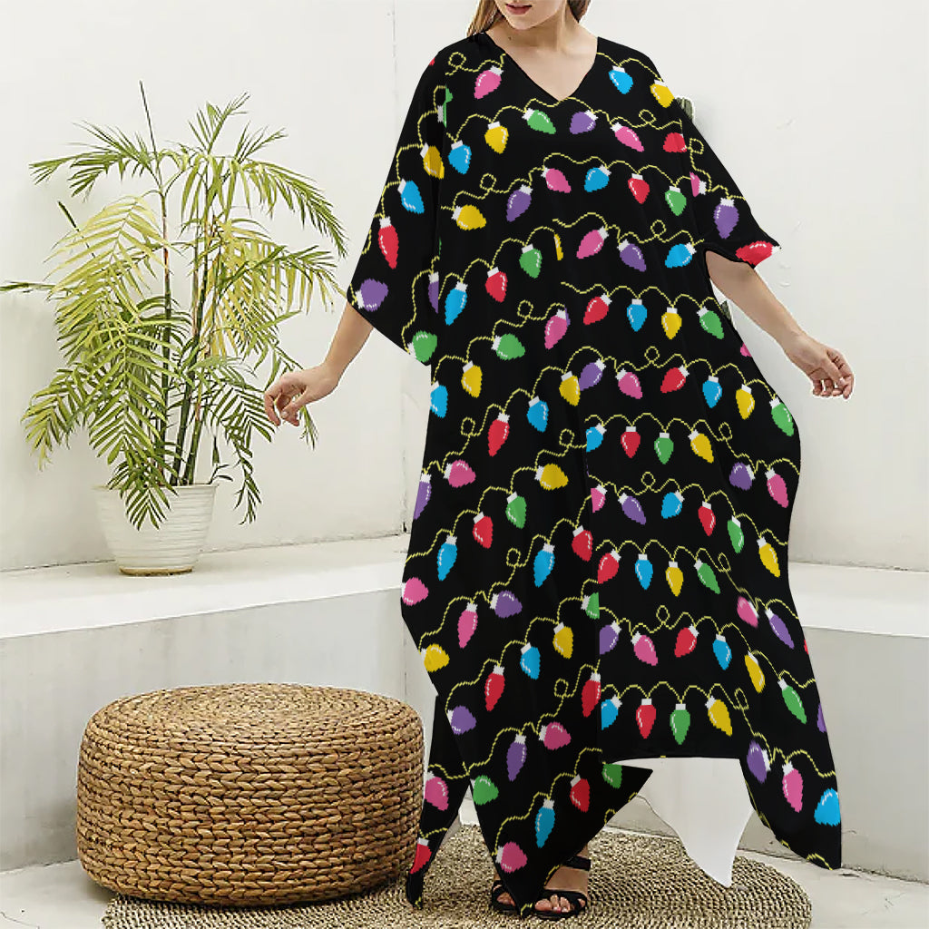 Pixel Christmas Lights Print Silk V-Neck Kaftan Dress