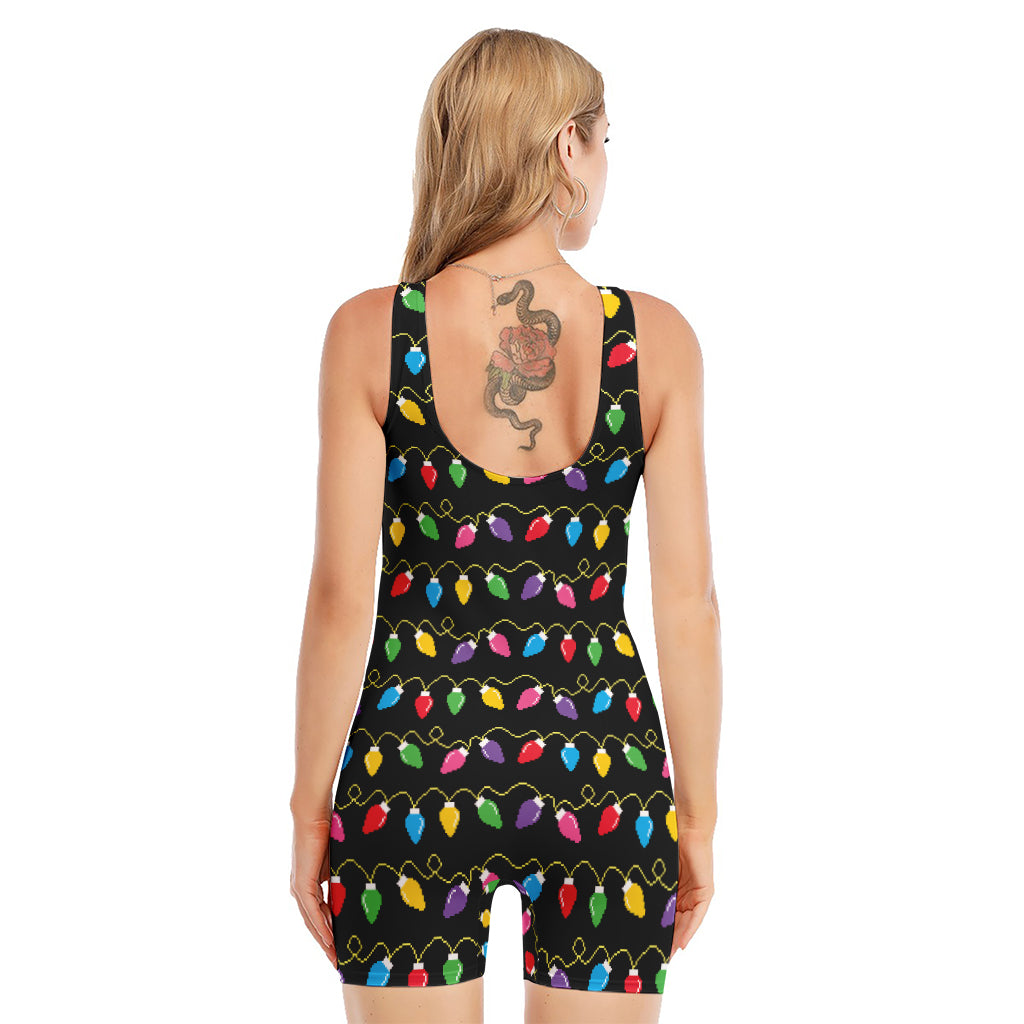 Pixel Christmas Lights Print Sleeveless One Piece Swimsuit