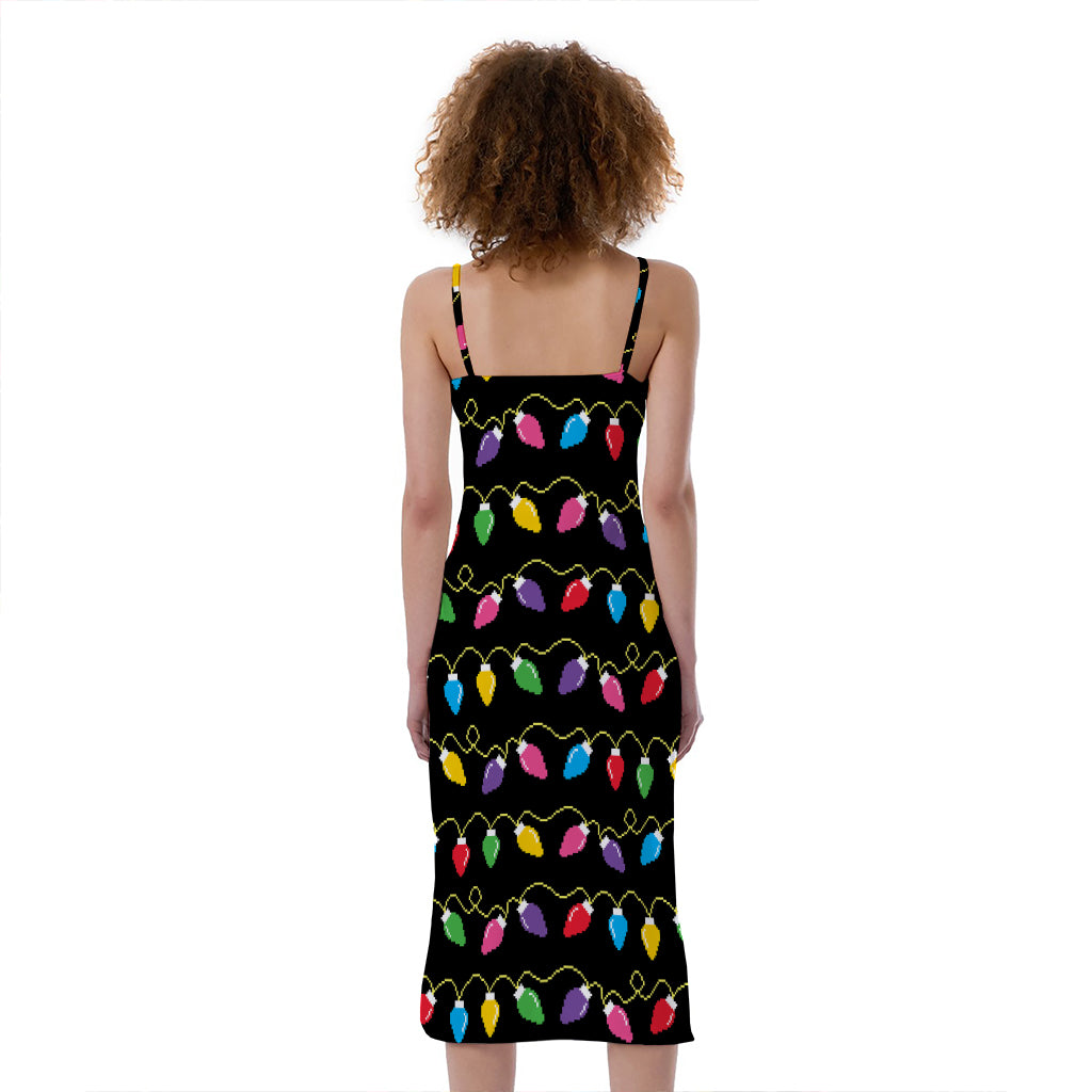 Pixel Christmas Lights Print Slim Fit Midi Cami Dress
