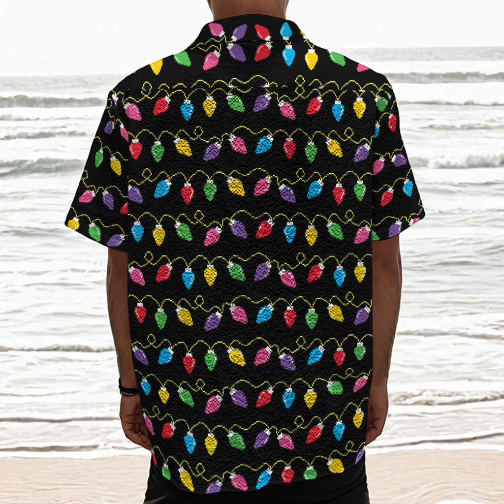 Pixel Christmas Lights Print Textured Short Sleeve Shirt