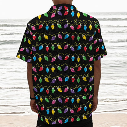 Pixel Christmas Lights Print Textured Short Sleeve Shirt