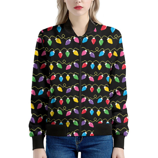 Pixel Christmas Lights Print Women's Bomber Jacket