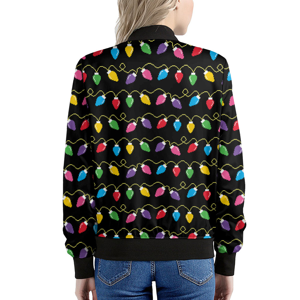 Pixel Christmas Lights Print Women's Bomber Jacket