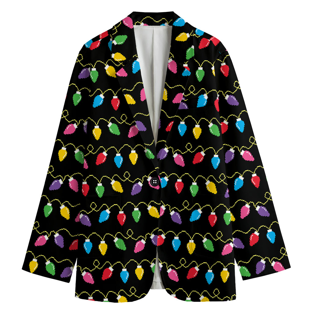 Pixel Christmas Lights Print Women's Cotton Blazer
