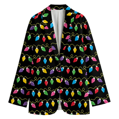 Pixel Christmas Lights Print Women's Cotton Blazer