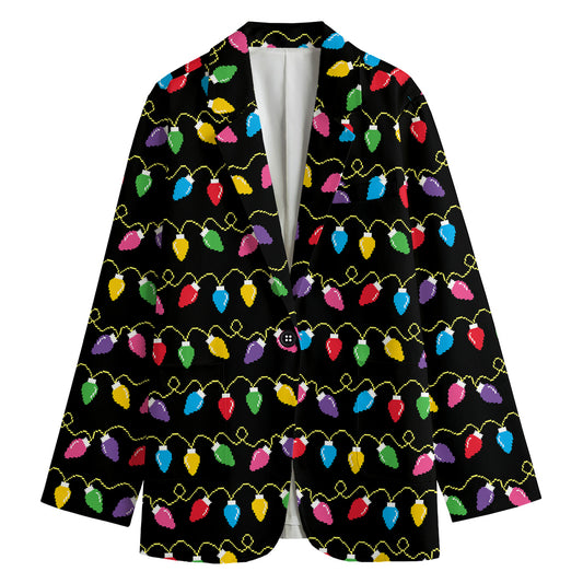 Pixel Christmas Lights Print Women's Cotton Blazer