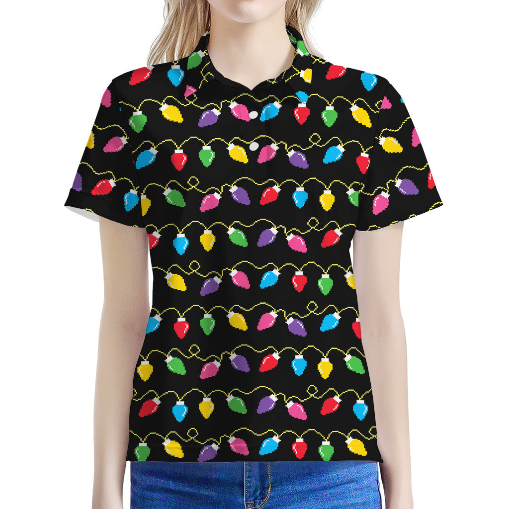 Pixel Christmas Lights Print Women's Polo Shirt