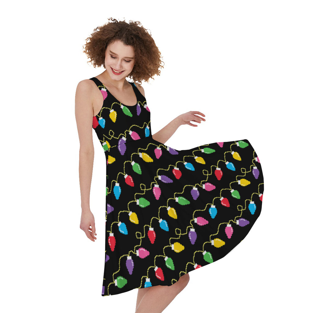 Pixel Christmas Lights Print Women's Sleeveless Dress