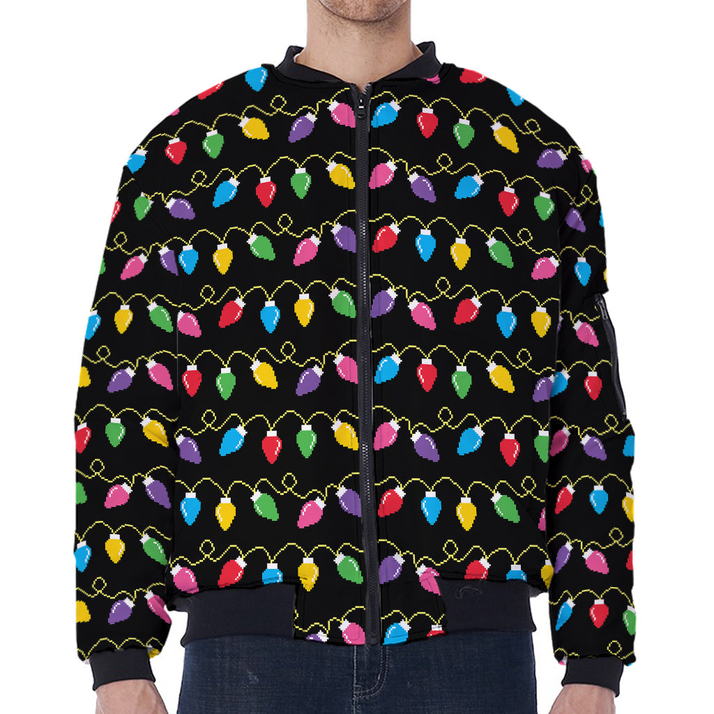 Pixel Christmas Lights Print Zip Sleeve Bomber Jacket